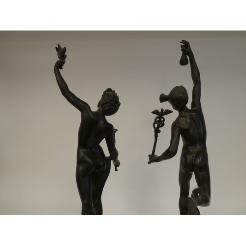 310 - A pair of late 19thC bronze studies, two classical figures, on marble plinths  18