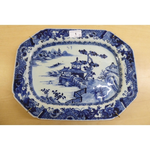 1 - A late 18thC Chinese Export porcelain dish, decorated with landscapes  13.5