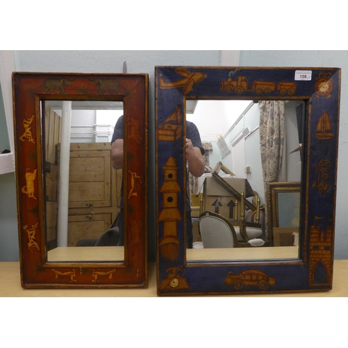 108 - Two similar painted hardwood mirrors  largest 21