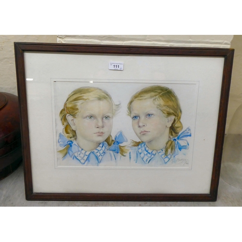 111 - M Mostyu - a study of two young girls  watercolour  bears a signature  9.5