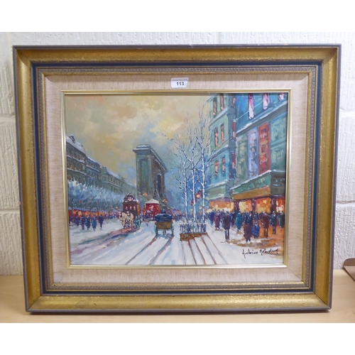 113 - A Parisian street scene  oil on canvas  bears an indistinct signature  15