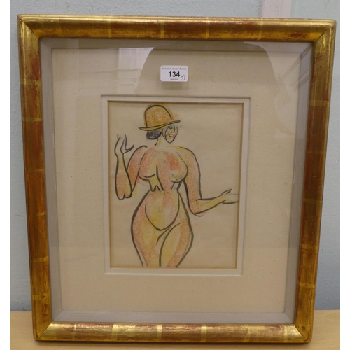 134 - Henri Gaudier-Brzeska - 'Nude in a Bowler Hat'  watercolour & pastel  bearing a Mercury Gallery,... 