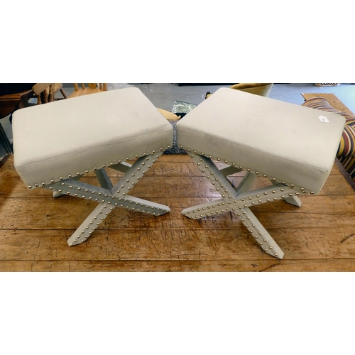 154 - A pair of modern stools, upholstered in grey fabric, decorated with studs  17