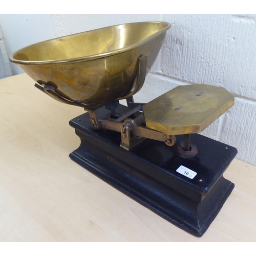 16 - A late Victorian set of Avery Ltd brass grocers scales, on a wooden plinth  17