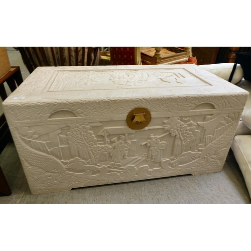 174 - A modern Chinese design white painted camphorwood chest, decorated with figures  19