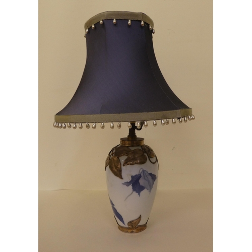 176 - A Royal Copenhagen porcelain table lamp, overlaid in 925 foliage design silver ornament  8