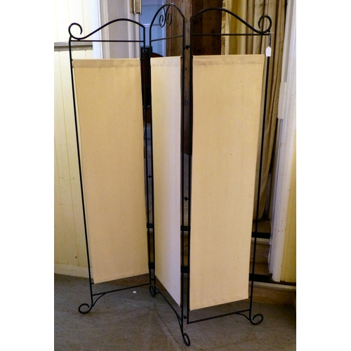 183 - A modern metal framed and cream fabric, three section roomscreen  70