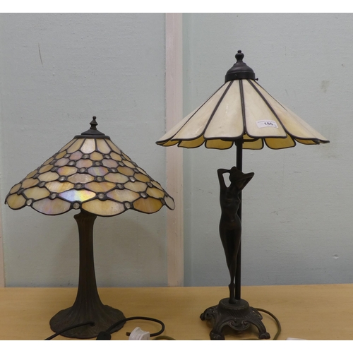 186 - Two modern Art Nouveau cast metal table lamps, one with a figural column and a glass shade  23