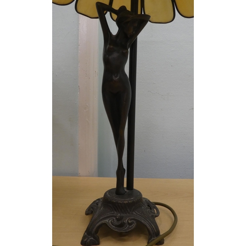 186 - Two modern Art Nouveau cast metal table lamps, one with a figural column and a glass shade  23