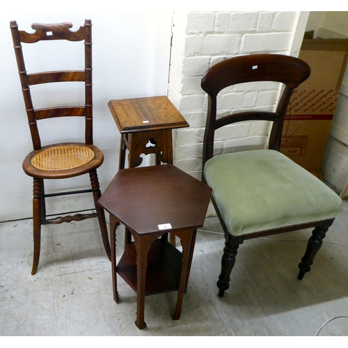 21 - Small furniture: to include a late 19thC stained beech framed correction chair with a cane seat, rai... 