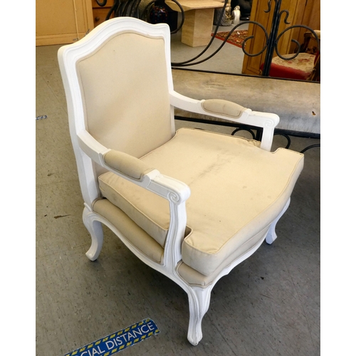 237 - A modern white painted showwood framed open arm chair, upholstered in cream coloured fabric, raised ... 