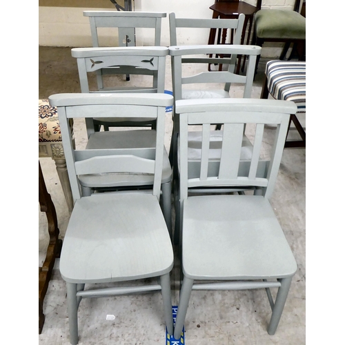 41 - Six similar blue painted dining chairs, each raised on turned legs