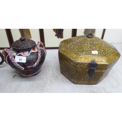 51 - A mixed lot: to include a Persian papier mache box with a hinged lid, decorated with floral motif&nb... 