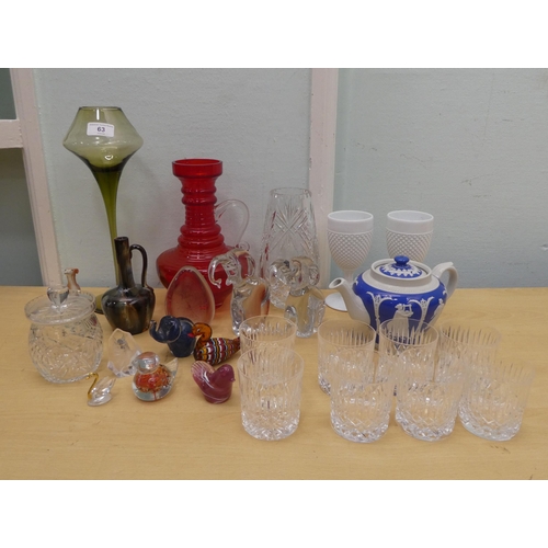 63 - China and glassware: to include a green glass tea light holder of pedestal design  16