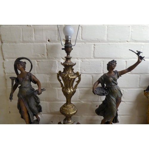 67 - A mixed lot: to include a pair of late Victorian spelter figures, scantily clad women, each on a mar... 