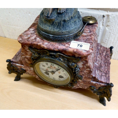 70 - A late Victorian mottled red marble mantel clock, surmounted by a spelter female figure; the 8 day m... 