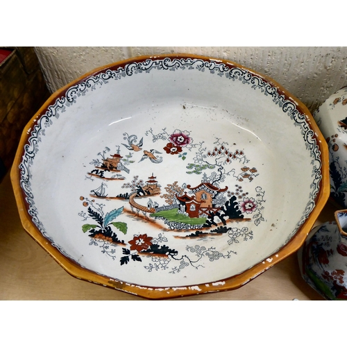 76 - Ceramics: to include a late Victorian Masons Ironstone china wash bowl, decorated with a Chinese lan... 