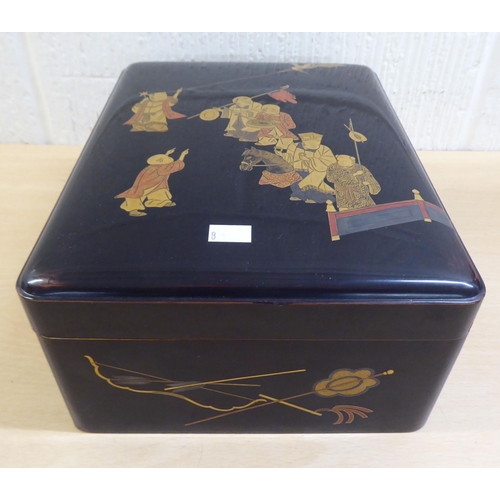 8 - Oriental collectables: to include a lacquered and gilt painted box, decorated with figures  8