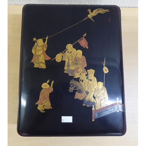 8 - Oriental collectables: to include a lacquered and gilt painted box, decorated with figures  8