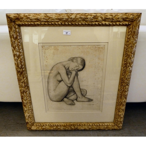 97 - Sir George Clausen - a study of a seated nude  black chalk  bears a signature & gallery receipt ... 