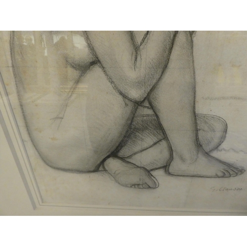 97 - Sir George Clausen - a study of a seated nude  black chalk  bears a signature & gallery receipt ... 