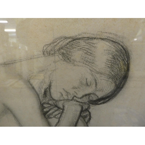 97 - Sir George Clausen - a study of a seated nude  black chalk  bears a signature & gallery receipt ... 