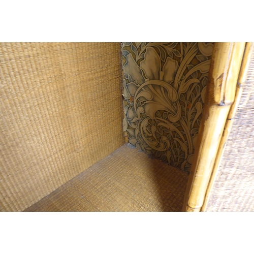 231 - A post World War II Oriental style bamboo and rattan finished wardrobe with a central mirrored door,... 