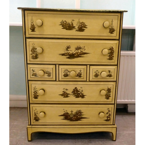 232 - A 20thC Orientally inspired cream painted and stencil decorated, seven drawer dressing chest, raised... 