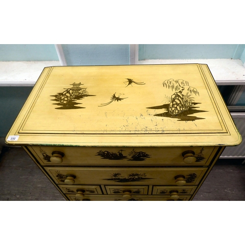 232 - A 20thC Orientally inspired cream painted and stencil decorated, seven drawer dressing chest, raised... 