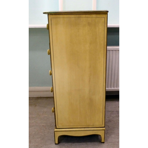 232 - A 20thC Orientally inspired cream painted and stencil decorated, seven drawer dressing chest, raised... 