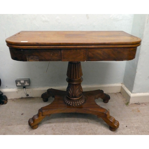 236 - An early/mid 19thC walnut and mahogany D-end tea table, the rotating, foldover top raised on a carve... 