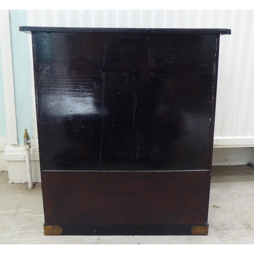 237 - A 20thC Japanese black painted and fruitwood marquetry inlaid table top cabinet with an arrangement ... 