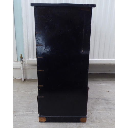 237 - A 20thC Japanese black painted and fruitwood marquetry inlaid table top cabinet with an arrangement ... 