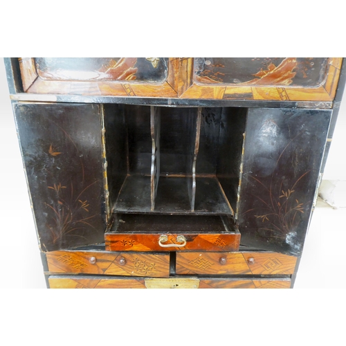 237 - A 20thC Japanese black painted and fruitwood marquetry inlaid table top cabinet with an arrangement ... 