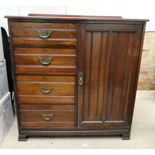 240 - An Edwardian gentleman's mahogany chest, comprising a bank of four offset drawers, beside a panelled... 