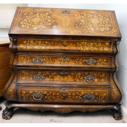 242 - A late 18thC Dutch string inlaid and marquetry bombe front bureau, the fall flap enclosing a similar... 