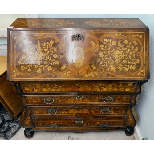 242 - A late 18thC Dutch string inlaid and marquetry bombe front bureau, the fall flap enclosing a similar... 