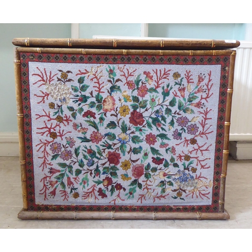 297 - A late Victorian pine blanket chest with bamboo trim and micro-beadwork panels, depicting flora ... 