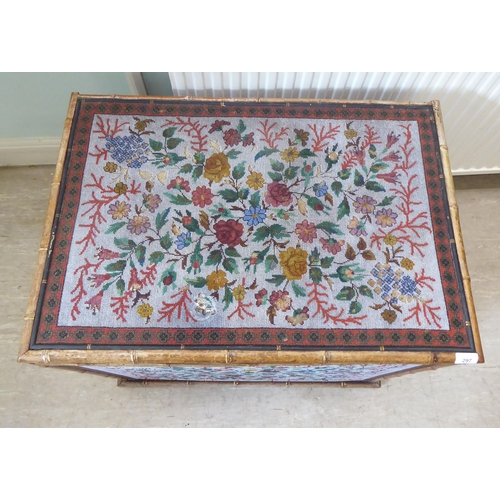 297 - A late Victorian pine blanket chest with bamboo trim and micro-beadwork panels, depicting flora ... 