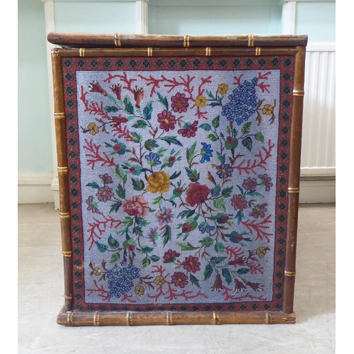 297 - A late Victorian pine blanket chest with bamboo trim and micro-beadwork panels, depicting flora ... 