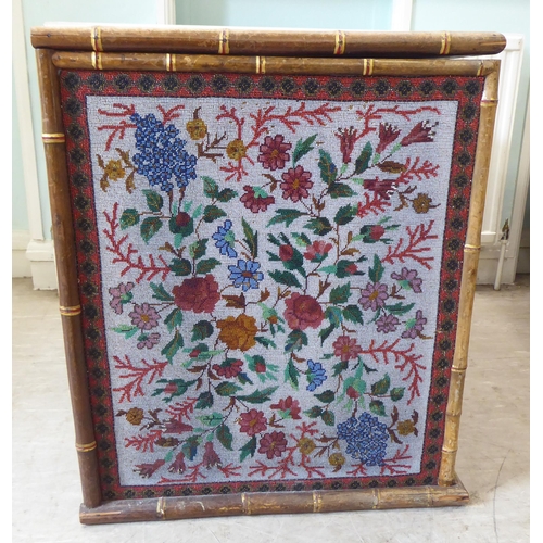 297 - A late Victorian pine blanket chest with bamboo trim and micro-beadwork panels, depicting flora ... 