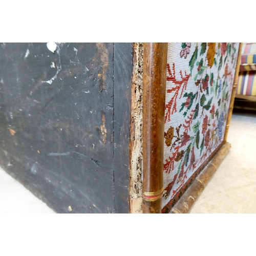 297 - A late Victorian pine blanket chest with bamboo trim and micro-beadwork panels, depicting flora ... 