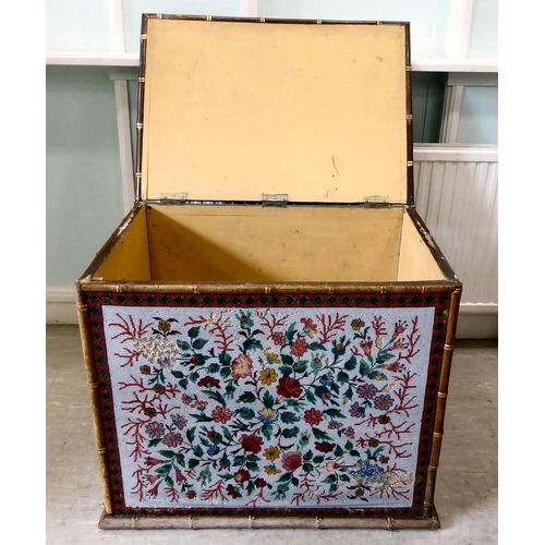 297 - A late Victorian pine blanket chest with bamboo trim and micro-beadwork panels, depicting flora ... 