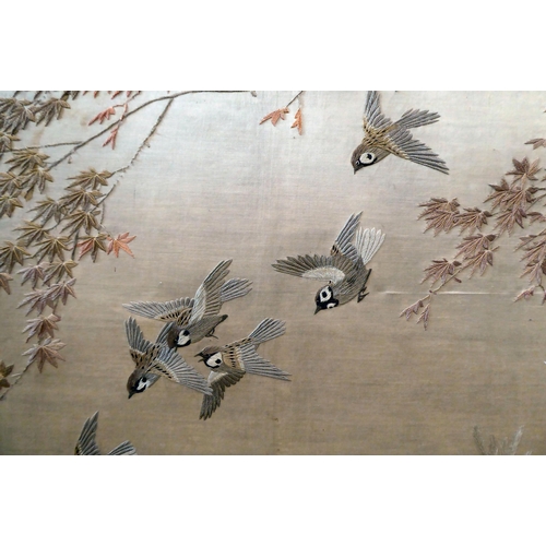 298 - A Chinese embroidered silk panel, depicting birds, trees and fauna  47