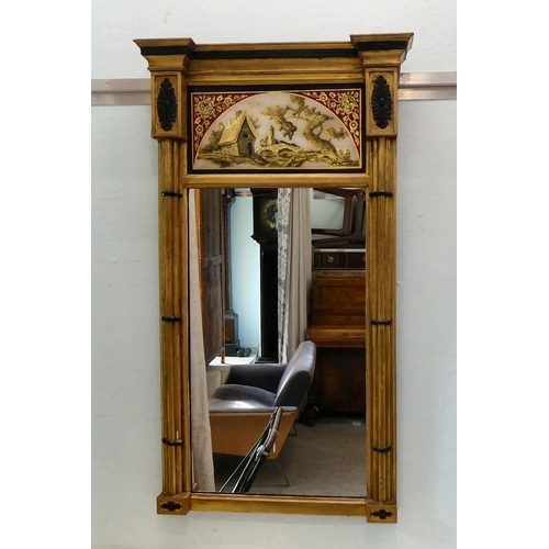 300 - An early 19thC pier glass, in a gilded inverted breakfront frame with a painted upper panel, depicti... 