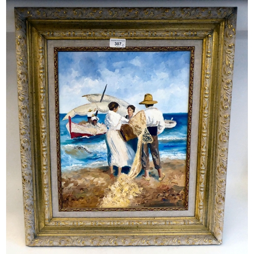 307 - Mardl Barrie - figures standing on a beach  oil on canvas  bears a signature  16