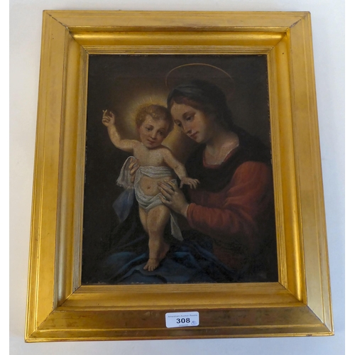 308 - A late 19thC religious study - Madonna and Child  oil on canvas  12