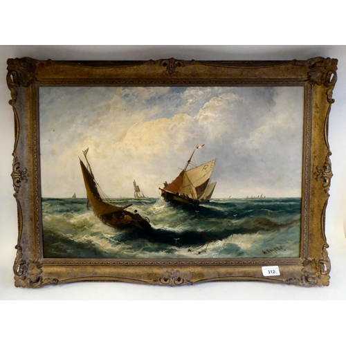 312 - W Roger - a study of fishing boats on choppy seas  oil on canvas  bears a signature  15