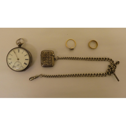 105 - White and yellow metal items of personal ornament, viz. two rings; a pocket watch; a vesta case; and... 