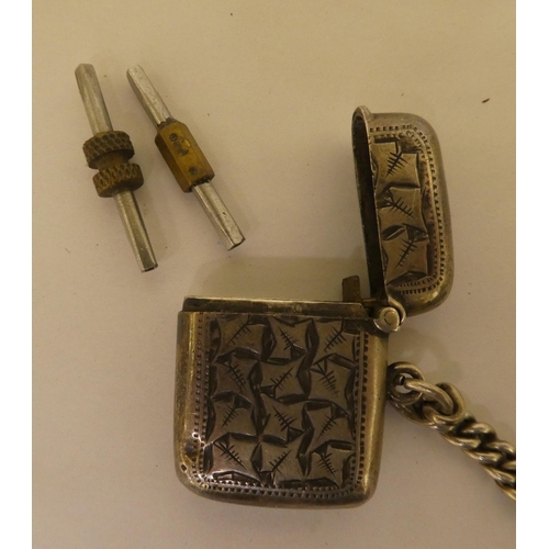 105 - White and yellow metal items of personal ornament, viz. two rings; a pocket watch; a vesta case; and... 